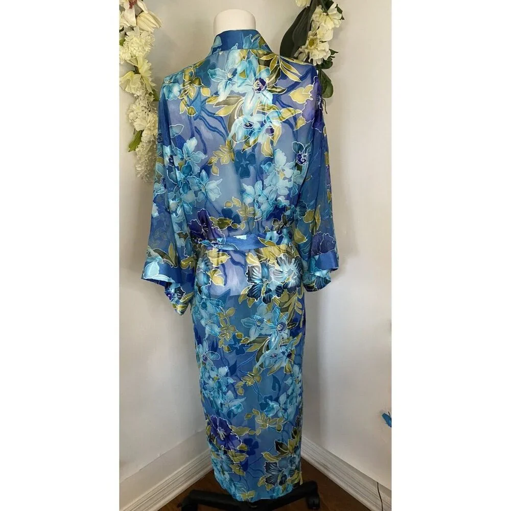 Vintage California Dynasty Blue Semi‎ Sheer Floral Long Robe Medium Pockets EUC